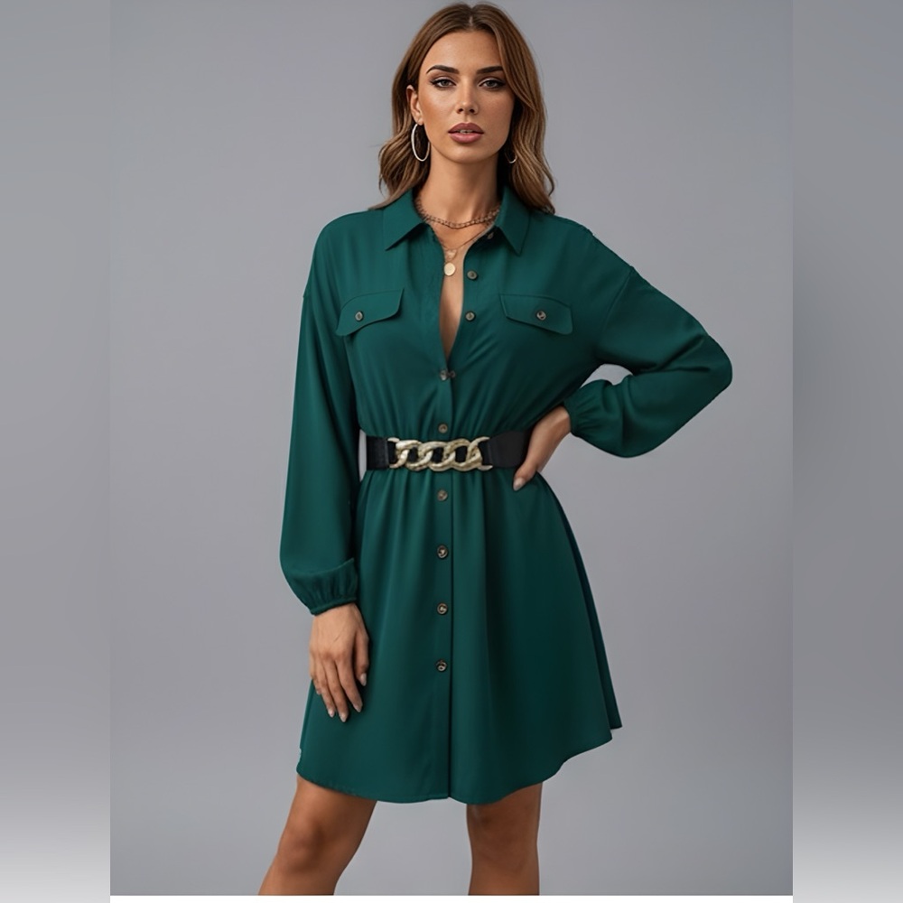 Lantern Sleeve Shirt Dress Without Belt Green